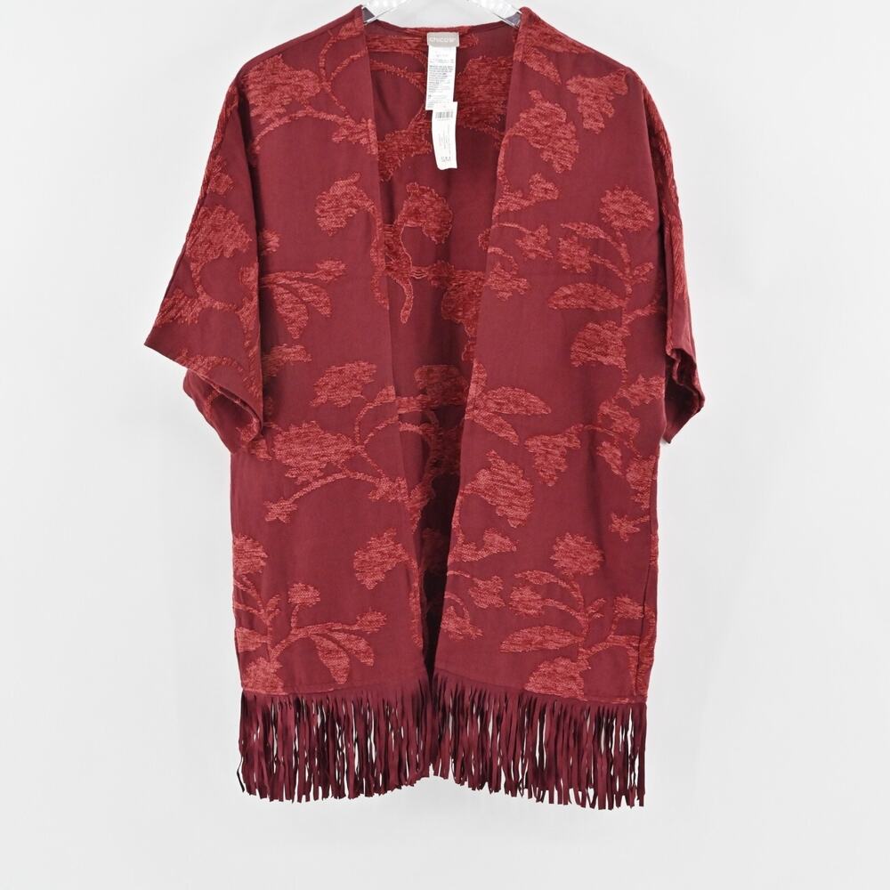 CHICOS Ruana Wrap Womens Size S/M Chenille Floral Jacquard‎ Red Fringe Trim NEW